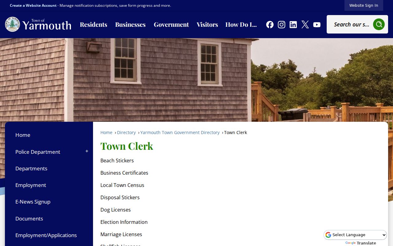 Yarmouth residents directory Town Clerk record-routing source